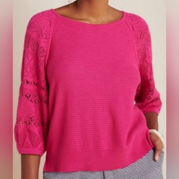 Anthropologie Martina Pointelle Rounded Neckline Pullover Sweater Pink XS - Picture 2 of 14
